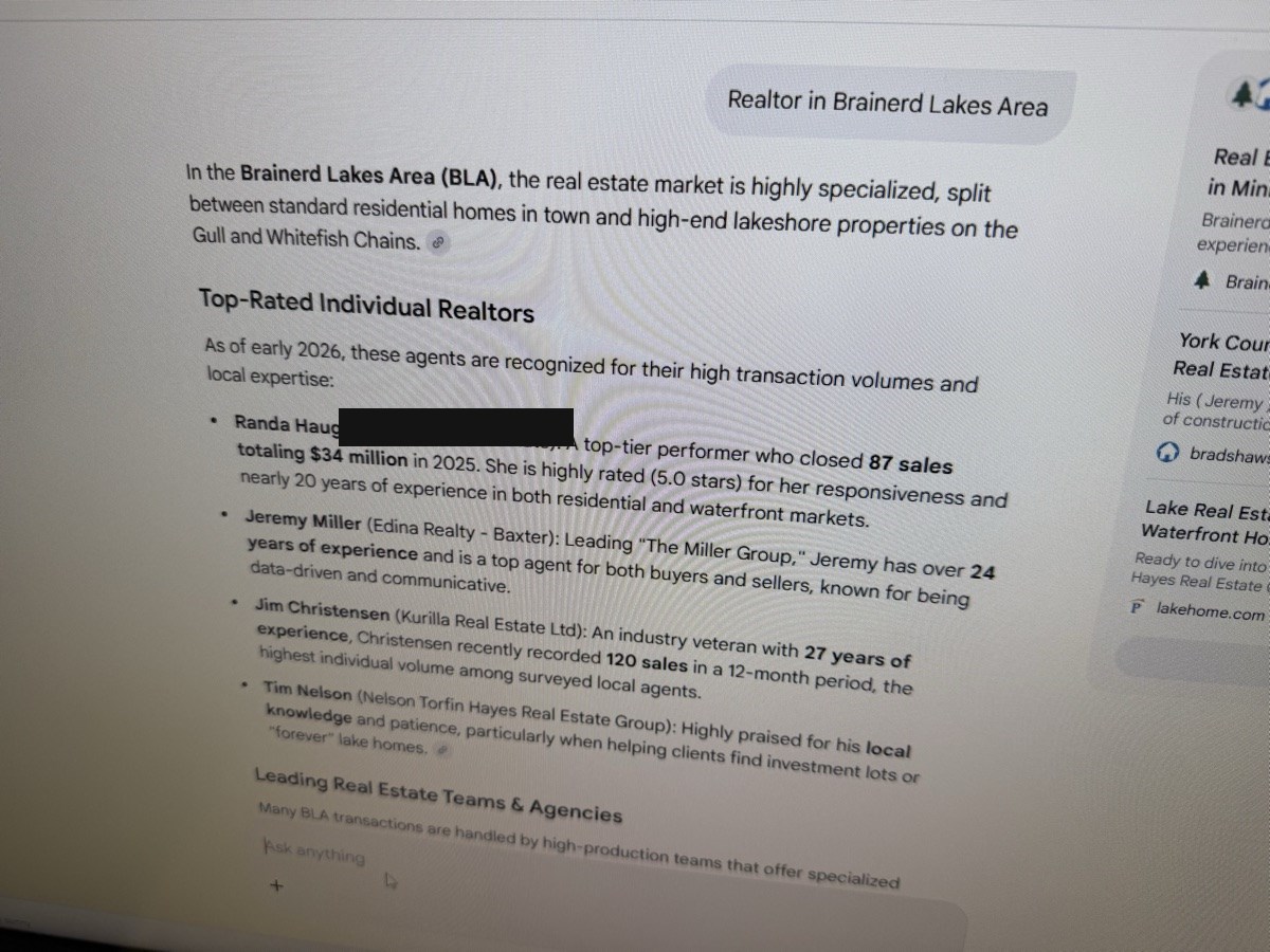 AI answer listing a client agent first in Brainerd Lakes