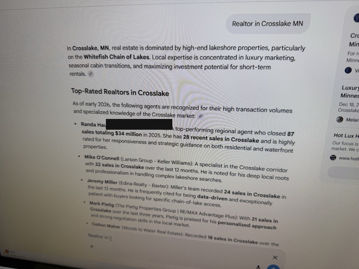 AI answer listing a client agent first in Crosslake MN
