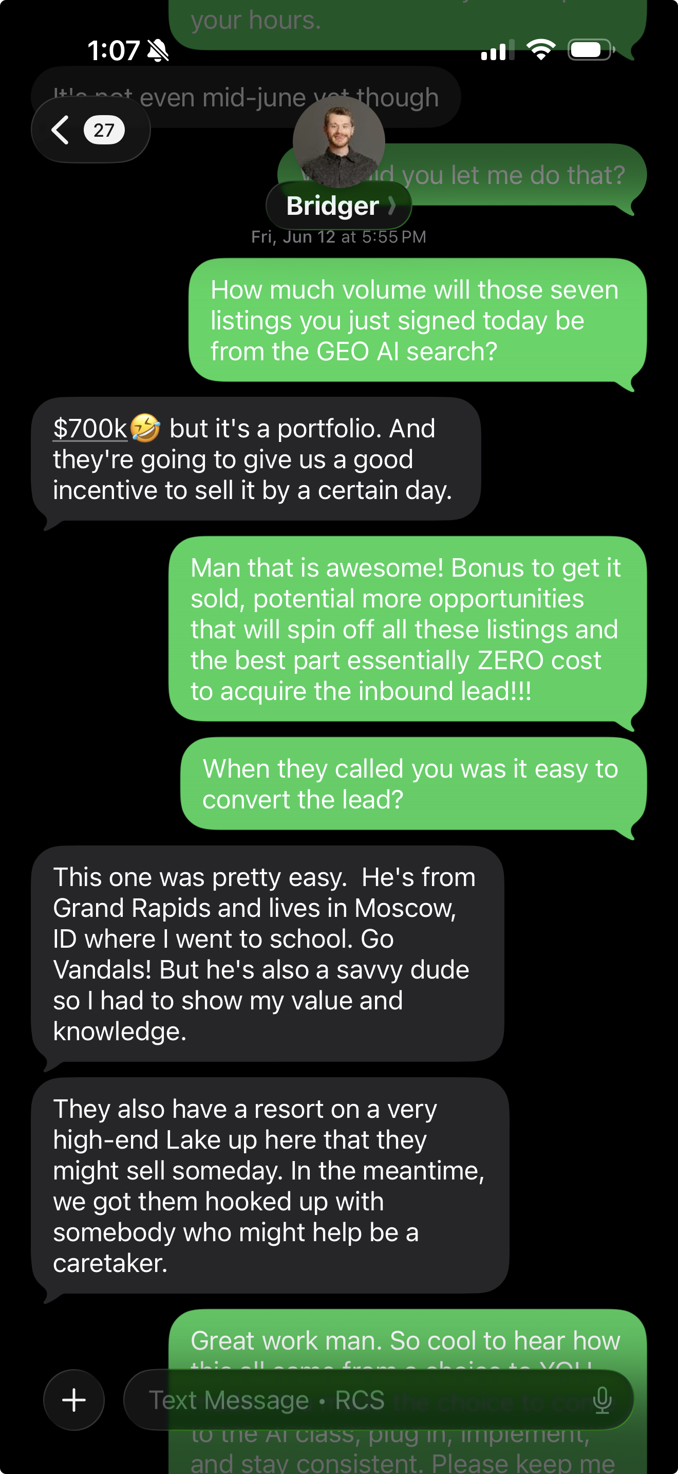 Agent text about signing seven listings from AI search